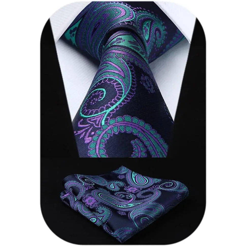 Men's Synthetic Woven Fabric Paisley Print Necktie & Microfibre Pocket Square Set - 59in Necktie, 12'' x 12'' Pocket Square, Fashion Accessory for Business, Graduation, Christmas, Birthday, Father's Day, Wedding Party, Male, Casual, Beautifully Packaged,,