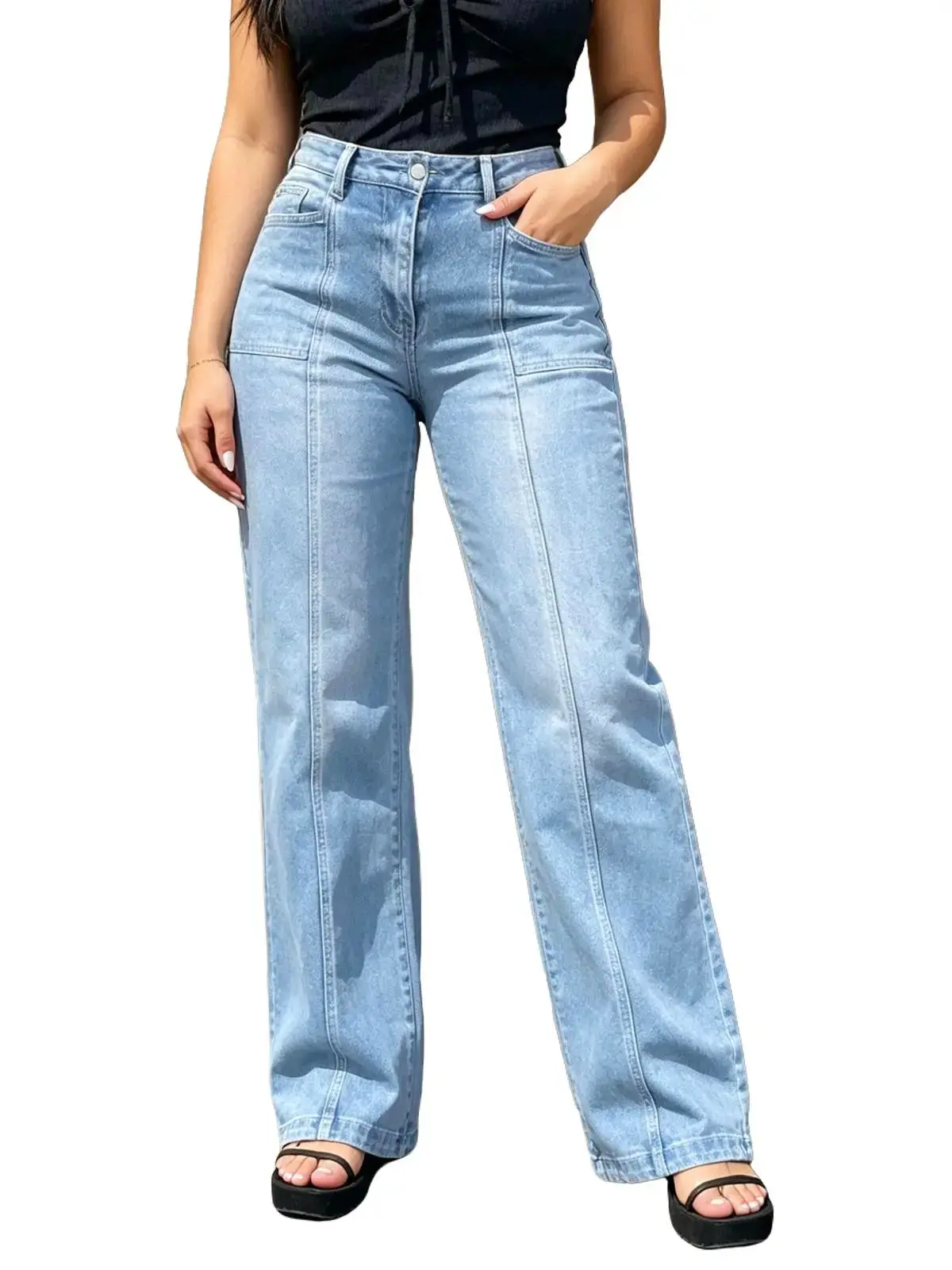 Women's High-Waisted Stretchy Jeans - Straight Leg, Baggy Wide Leg Fit, Casual Comfort light wash long pant denim jean