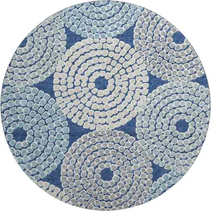 HomeRoots 670138 8 ft. Navy Blue, Gray & Beige Geometric Washable Round Area Rug with UV Protection - Blue-Themed, Decorative, Color-Block, Dark-Colored, Durable Rugs, Blue-Themed Area Rugs, Decorative Area Rugs