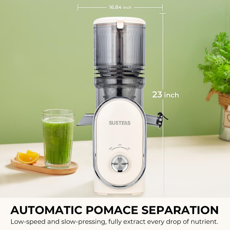 SUSTEAS Cold Press Juicer Large Inlet 5.3" Feed Chute Slow Masticator High Yield 98% Juice Extractor Easy Clean Portable Blender for Whole Fruit Juicing