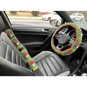 Handmade Crochet Mushroom Granny Square Car Steering Wheel Covers Universal 14-15 inch for Women and Men (Steer Wheel Cover+ 2 Belt Cover+2 Coaster)
