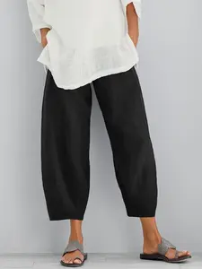 Women's Loose Casual Elastic Waist Cotton Wide-Leg Cropped Pants