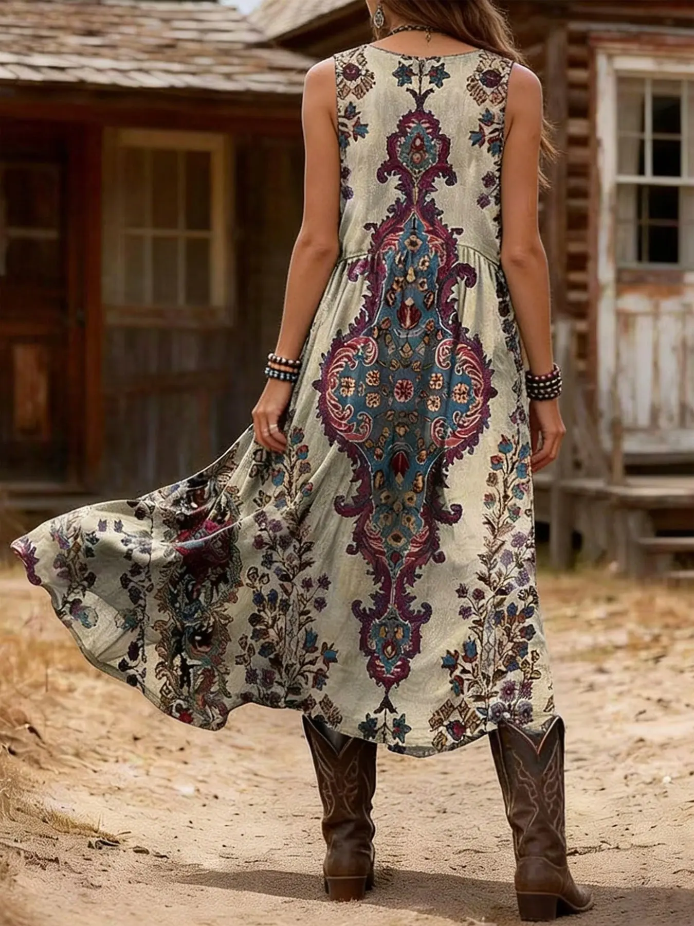 Boho Bohemian Western Style Vintage Print Sleeveless Backless Long Dress, Loose Fit Slimming A-Line Floral Summer Vacation Dress, Casual Wear, Essential Fashion Piece, Bohemian Chic Dress, Boho Sundresses