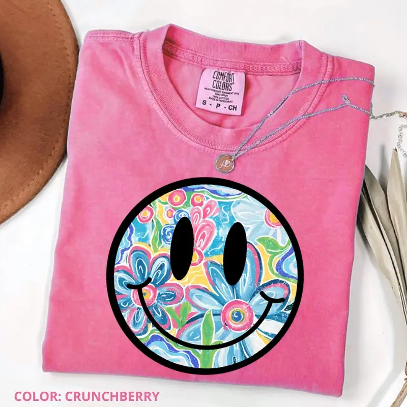 Comfort Colors Smiley Floral Summer Vibes T-Shirt, Trendy Watercolor Daisy Summer Tee, Graphic Cotton Tee, Women's Short Sleeve Tee, Summer Gift For Women