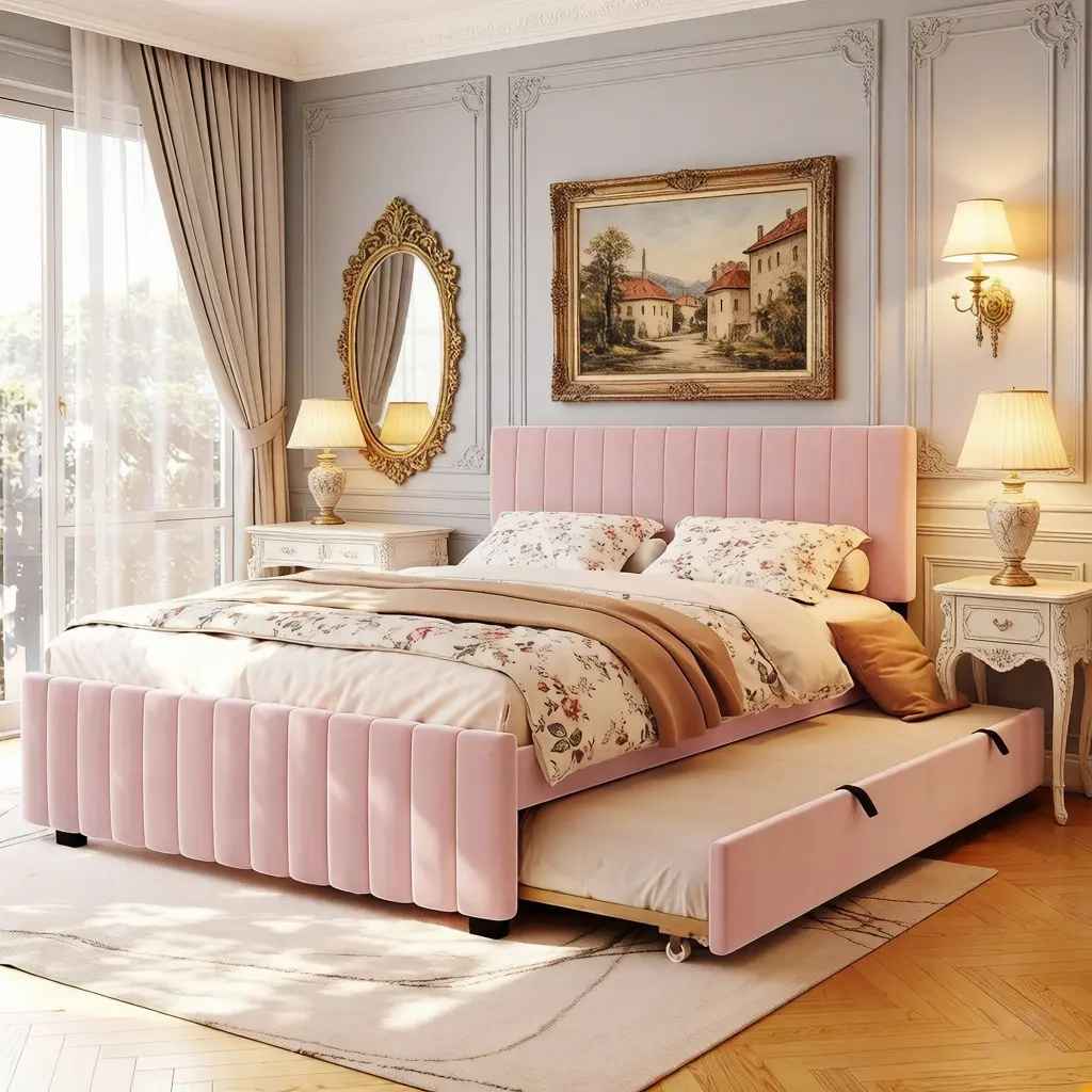 Queen Size Platform Bed with Twin XL Size Trundle, Velvet Upholstered Queen Bed Frame with Headboard and Footboard, Wood Slat Support, Easy Assembly, Adults Boys Girls (Pink)