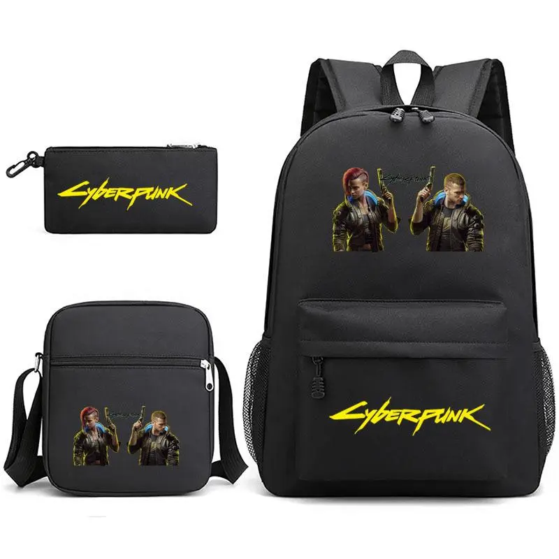 3 In 1 Cyberpunk 2077 V & Female V Backpack Set, Teen Black Game Oxford School Backpack Crossbody Bag Pencil Pouch Kit