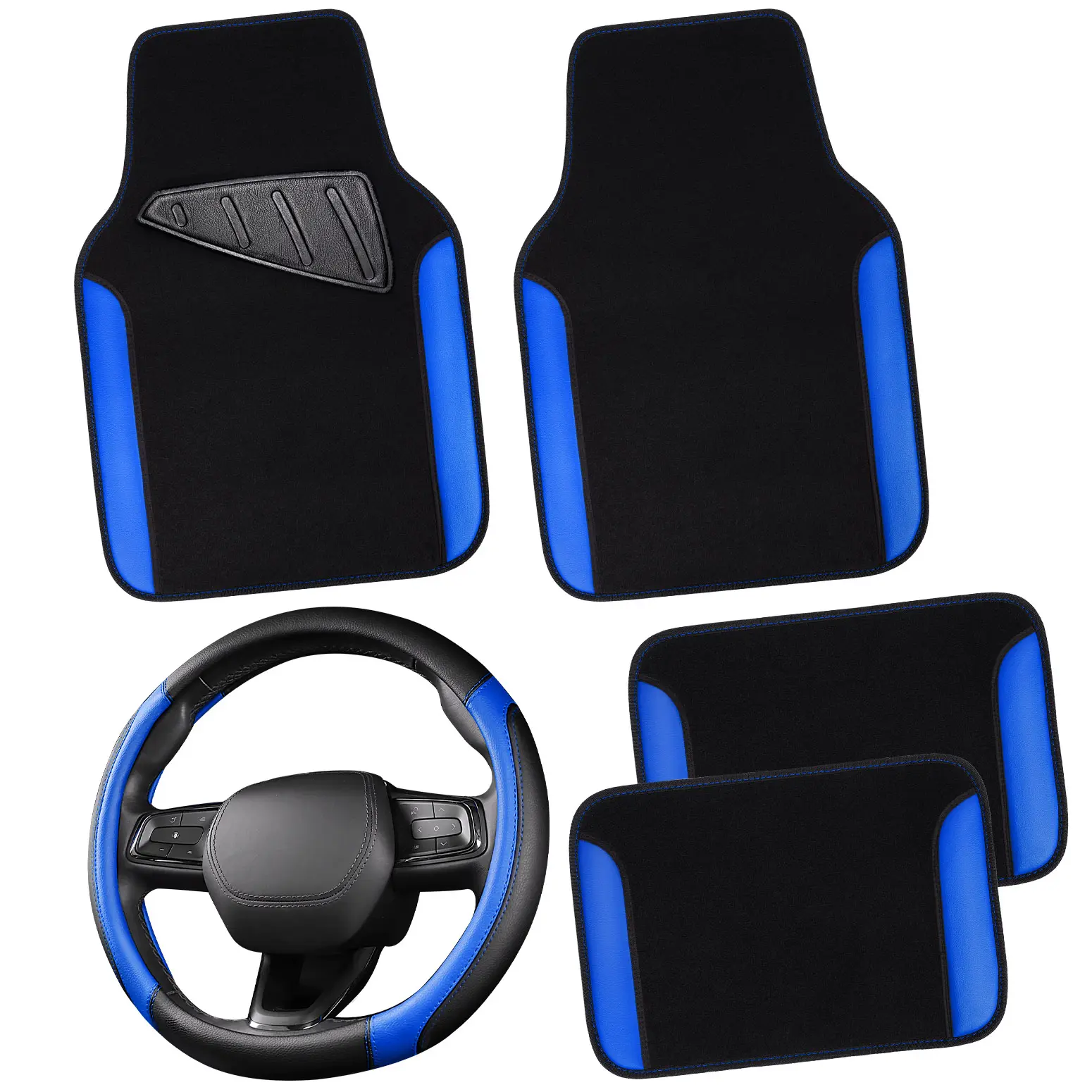 Blue&Black Car Floor Mats+Steering Wheel Cover