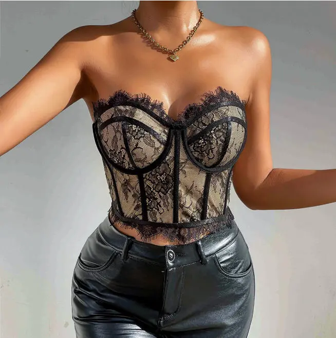 Women's Lace Bustier Corset Top Underwire Boned Strapless Crop Top Sexy Slim Fit Going Out Clubwear Party Camis