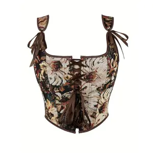 Women’s floral-pattern polyester corset top for vintage court style, breathable comfort, adjustable straps, all-over print, woven tight-fitting shapewear with mixed-color waist, women’s compression off-the-shoulder pajama set