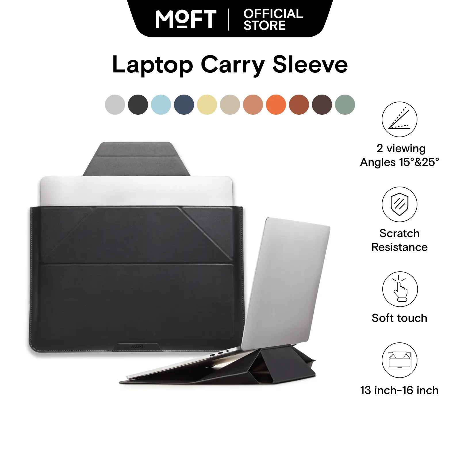 MOFT Expandable Laptop Sleeve with Computer Covers - Leather Covers, 2 Adjustable Stand Angles, Ultra-Slim Stylish Design, Expandable Storage Solution for MacBook