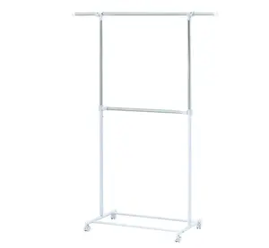 Adjustable Two-Tier Chrome Garment Rack with Silver Metal and White Rod