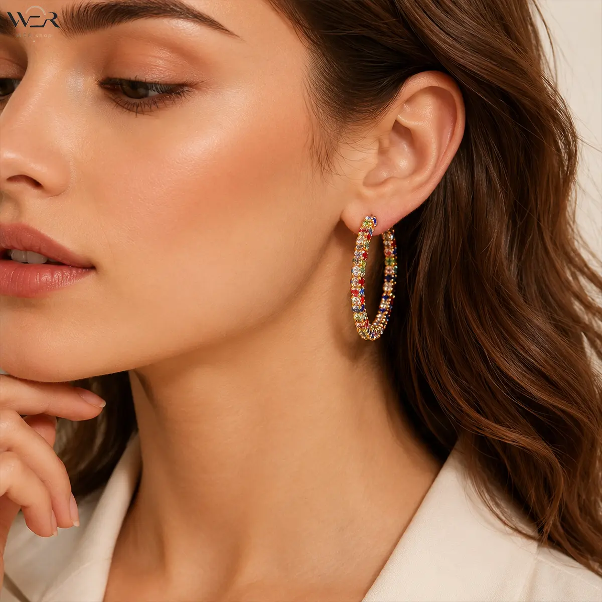Women's 1 Pair Bold Design Gold-Tone Large Rainbow Rhinestone Hoop Earrings, Shiny Embellished Female Costume Jewelry for Party Occasions, No Extra Accessories Included