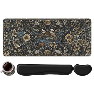 Vintage Bohemian Floral Pattern Mouse Pad Set, Mouse Pad with Keyboard Wrist Rest & Coaster, Ergonomic Wrist Support, Computer Mat for Home Office Gaming