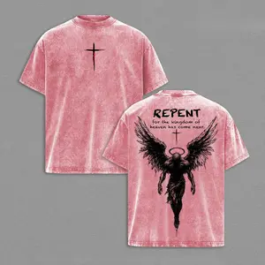 Repent Vintage Washed Oversized Christian T-Shirt, Angel Wings Faith Graphic Tee, Kingdom of Heaven Has Come Near Gospel Streetwear Top, Heavy Cotton Unisex Retro Worship Apparel