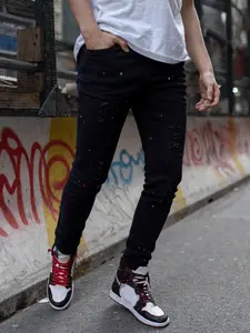 Four-season men's black, Plain Casual Y2K washed stretch skinny Denim jeans, splashed ink, ripped, distressed, American street style Streetwear pants, hip-hop and retro high street style, boyfriend style suitable for weekend street fashion