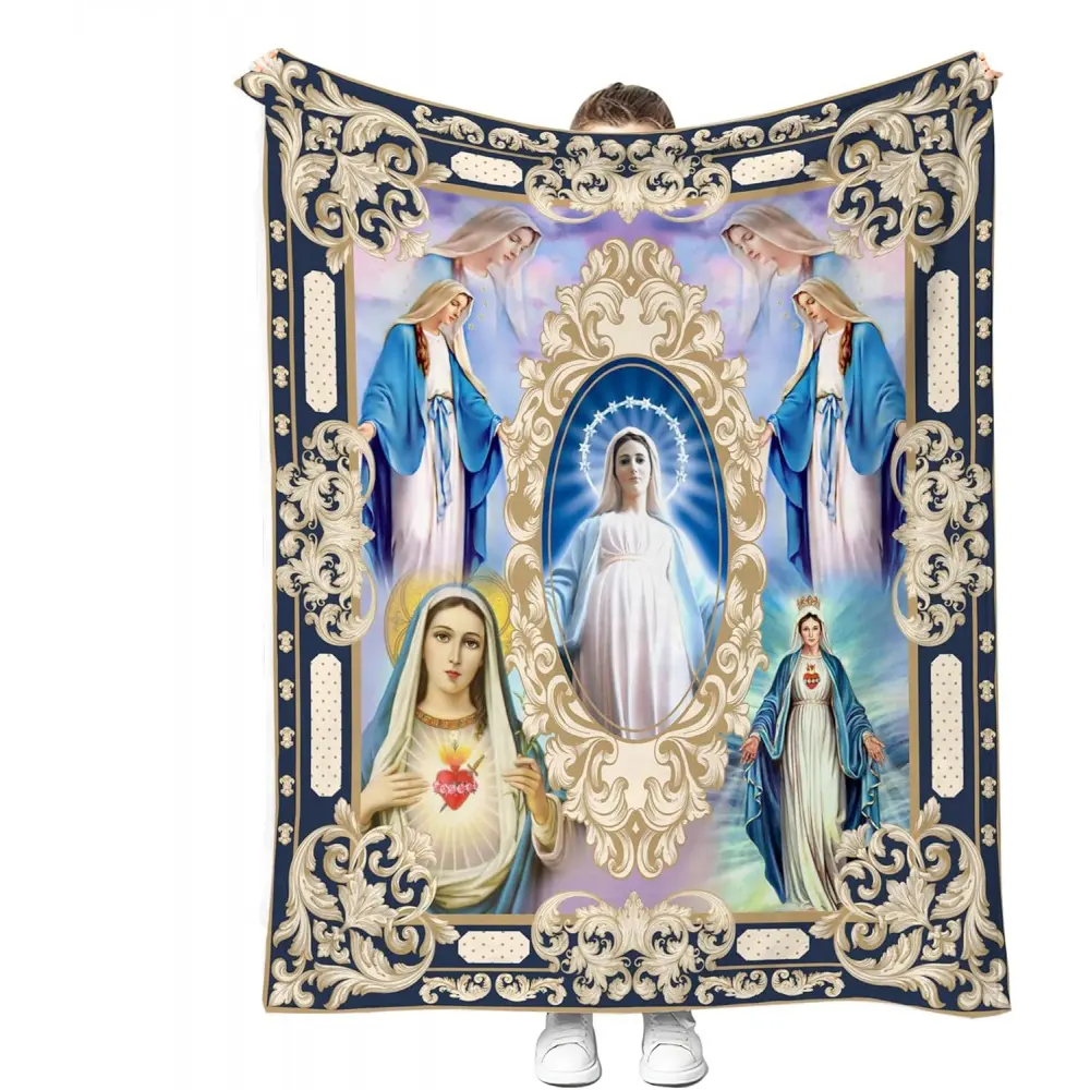 Virgin Mary Religious Throw Blanket, Our Lady of Grace & Immaculate Heart of Mary Soft Flannel Fleece, Catholic Christian Gift for Women, Blessed Mother Devotional Prayer Blanket, Cozy Plush Religious Bedding