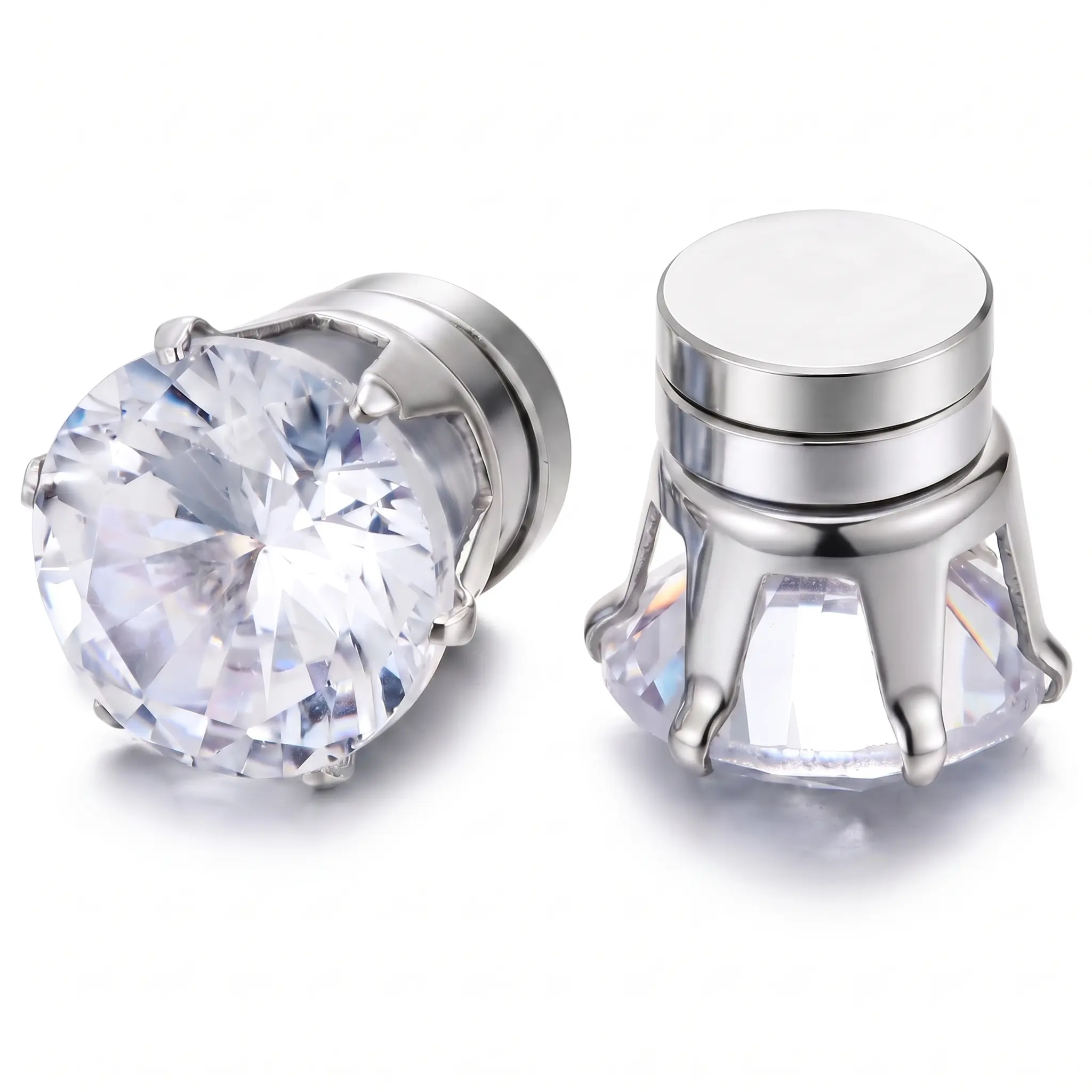 1 Pairs Unisex Magnetic Cubic Zirconia Stud Earrings, Polished Stainless Steel Non Piercing Jewelry, Classic Pierced Look