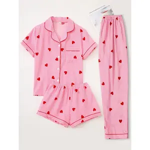Women's Sleepwear Pajama Set, Short Sleeve Cardigan Top + Shorts + Long Pants, Striped Heart Print, Casual Fitted Style, All over Print