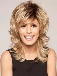 1pc Elegant ladies' fluffy gradient gold synthetic wig with highlights, soft and heat-resistant, 150% density, rose mesh cap - suitable for daily wear, parties, and role-playing