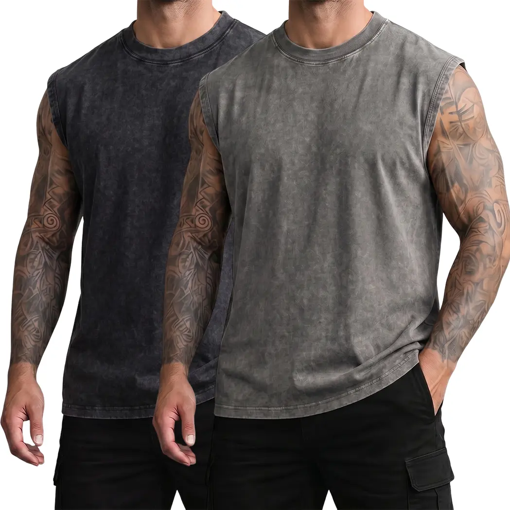 2-PACK Minimalist Solid Washed Sleeveless Muscle Shirts, Soft Vintage Texture 100% Cotton Fabric, Dual Tone Color Matching, Old Money Style Crew Neck Basic Streetwear Tops Value Set
