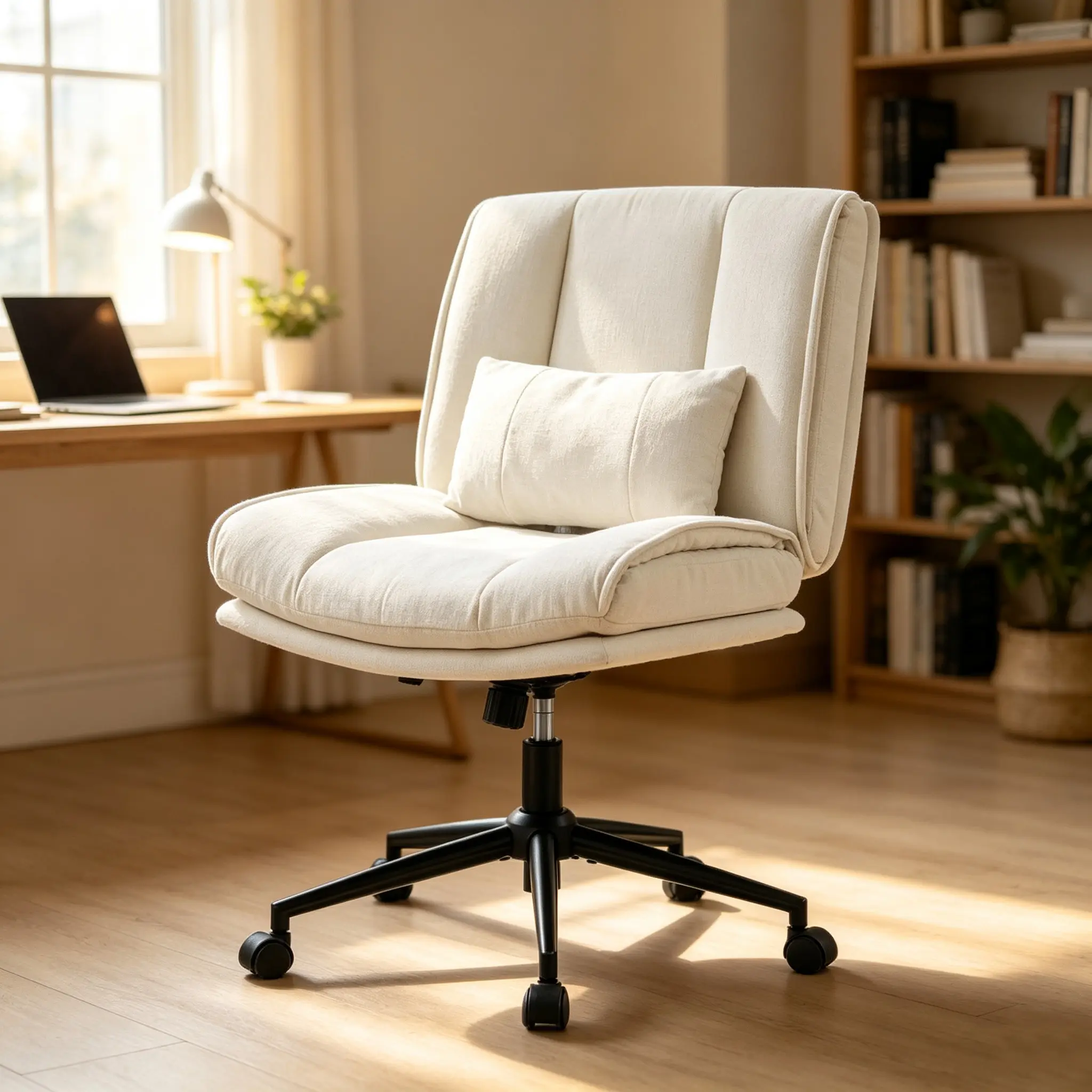 Oversized Armless Criss Cross Swivel Desk Chair, Extra Thick Cushion Cross Legged Office Chair with Wheels, Height Adjustable Wide Seat Chair for Home Workspace, Vanity and Study Room (Cream)