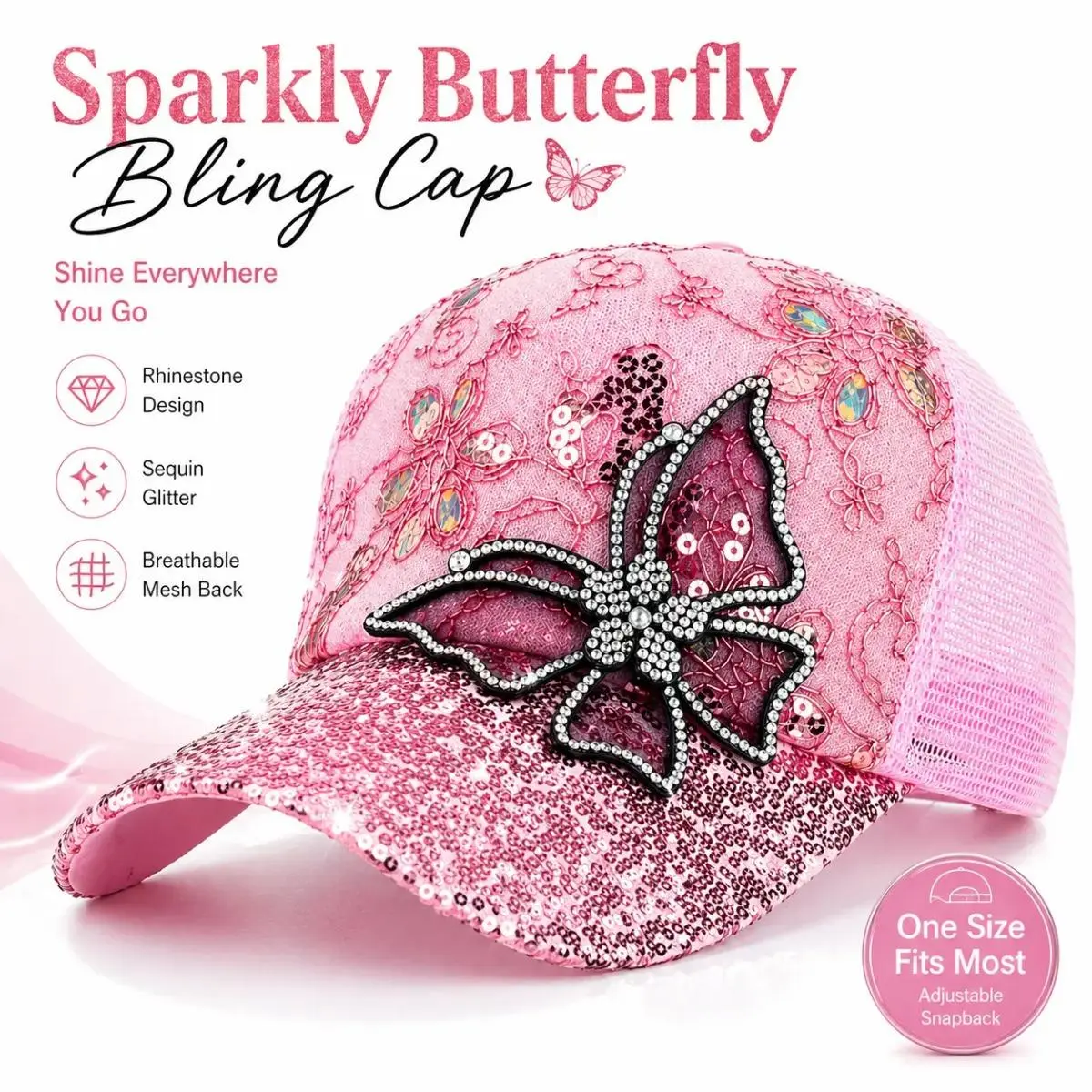 Women's Pink Rhinestone Butterfly Trucker Hat - Adjustable, Funky Bling Mesh Cap, 1 Size Fits Most, for Memorial Day, Engagement, Romantic Anniversary Events, One Size Fits Most