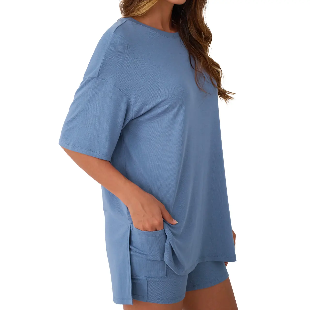 AUTOMET Women's Summer Two-Piece Set 2025 Casual Oversized Shirts Biker Shorts Matching Airport Travel Outfit Split Hem Lounge prettygarden woman