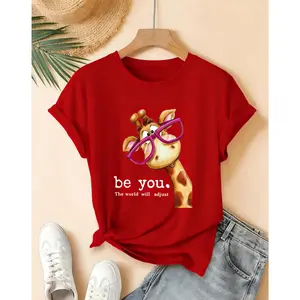 Ladies Casual T-Shirt | Cartoon Giraffe with Exaggerated Pink Frame Glasses Print, Crew Neck, Short Sleeves, Fashionable Commute and Vacation Versatile Vintage Style Top for Spring/Summer/Fall #SummerVibes