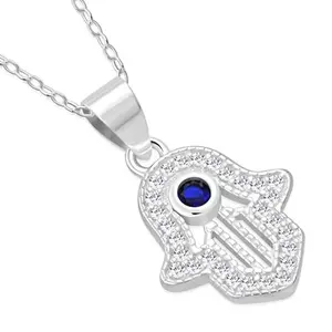 My Daily Styles 925 Sterling Silver CZ Small Hamsa Pendant Necklace with Blue CZ Accent - Adjustable Chain 16"-18"