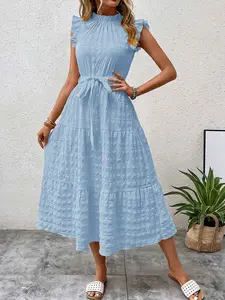 A women's solid color fashionable ruffled puff sleeve lace collar tie-front textured high-waisted dress, suitable for summer, vacations, daily outings, gatherings, or aea occasions.