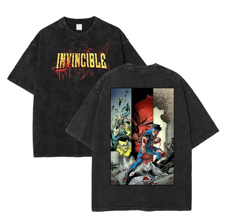 [Eclipse] Invincible War 2 side Washed Tshirt, Comics Wash T-Shirt, TV Show Comics Washed T-shirt Heavyweight Cotton, Unisex Shirt Streetwear graphic Menswear