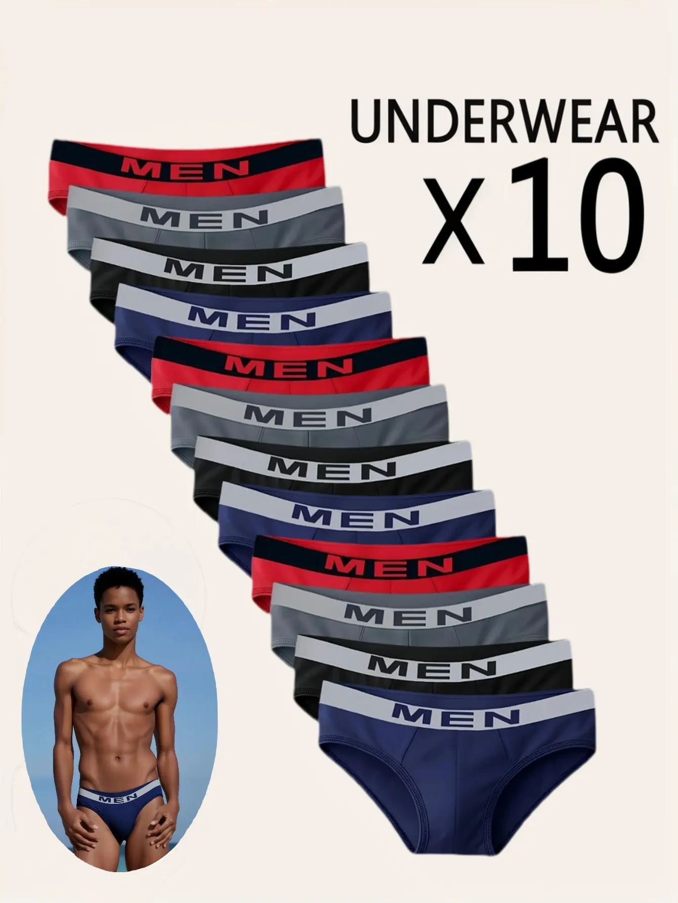 Men's Plain Briefs Set, 10-Pack Breathable Multicolor Underwear with Elastic Waistband for All-Season Comfort, Athletic