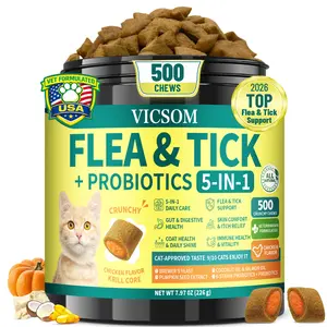 VICSOM Cat Crunchy Krill Chews with Probiotics, 500 Count Chicken Flavor, Flea & Tick Support, Healthy Digestion, Skin & Coat Care, Suitable for All Cat Breeds & Ages