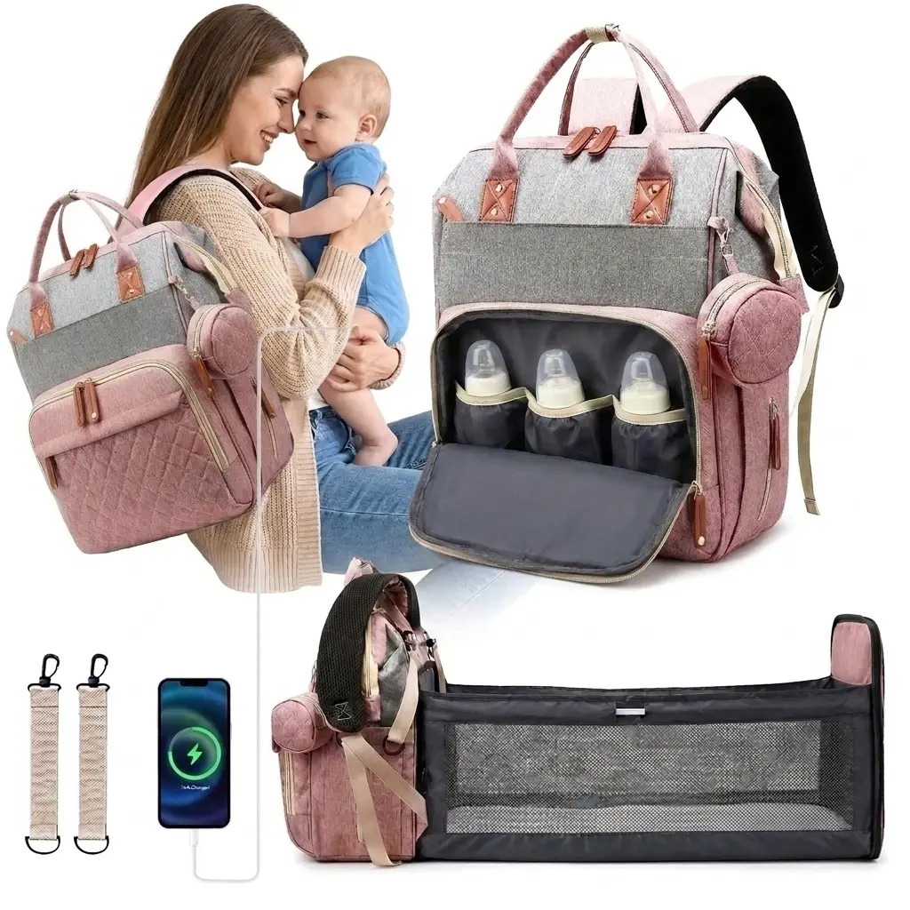 Diaper Bags Backpack with Pull-out Baby Bed & Changing Station. Large Waterproof Travel Baby Bag with USB Port, Thermal Pouches for Bottles & Pacifier Case.
