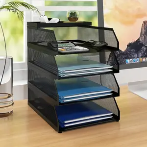 4-Tier Stackable Paper Tray, Metal Mesh Desktop Organizer, Paper Sorter, Letter Trays, File Document Storage Rack for Home, Office, School (Black)