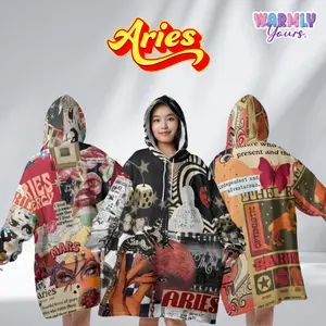 Aries Firestorm Snuggle – Oversized Zodiac Sherpa Collage Hoodie Blanket | Astrology Wearable fluffy Blankets for Women, Men, Teens & Kids | Cozy comfort sweatshirt sweater Loungewear, Plus size sleepwear, Birthday Gifts, Christmas Gifts, Zodiac Gifts