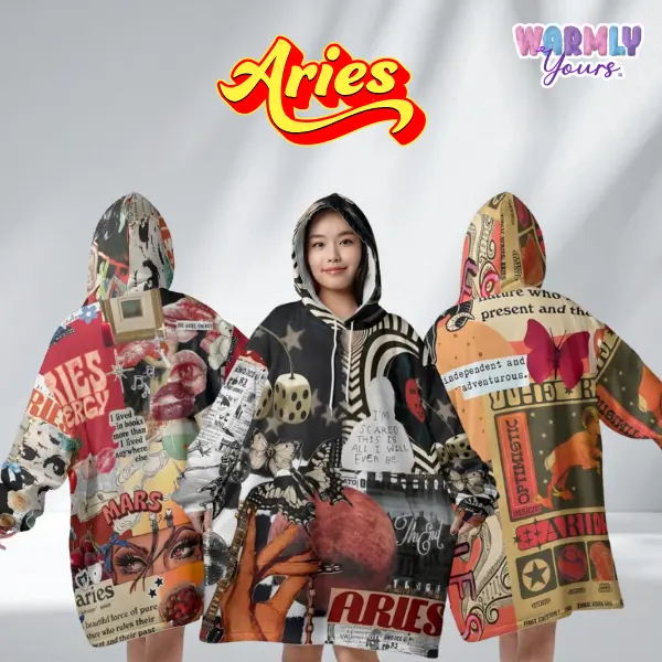Aries Firestorm Snuggle – Oversized Zodiac Sherpa Collage Hoodie Blanket | Astrology Wearable fluffy Blankets for Women, Men, Teens & Kids | Cozy comfort sweatshirt sweater Loungewear, Plus size sleepwear, Birthday Gifts, Christmas Gifts, Zodiac Gifts