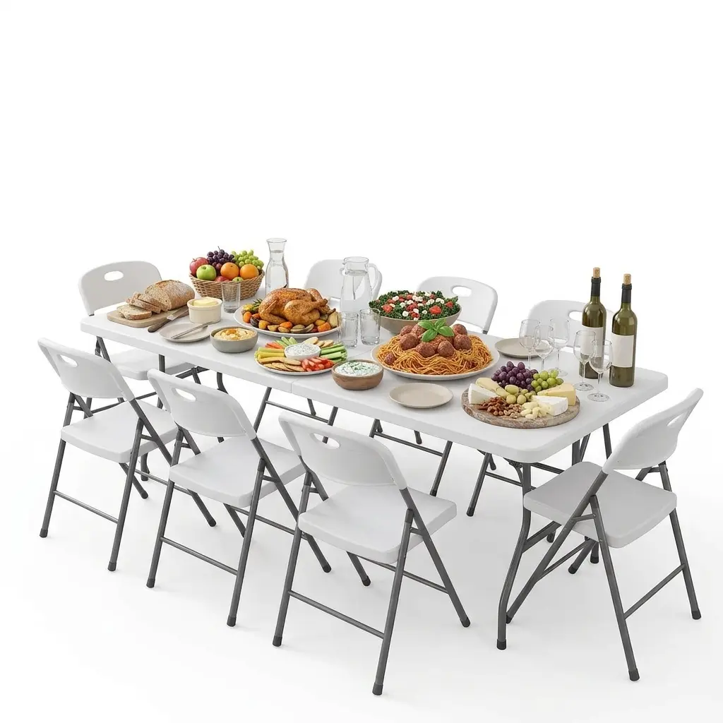 6FT Folding Table and Chairs Set for 8, Heavy Duty Portable Foldable Table with 400 lbs Capacity, White Plastic Banquet Table for Party, Wedding, Camping, Picnic, Backyard & Family Gatherings
