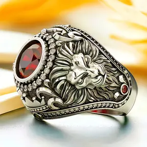 Men's Lion Head Ring with Red Cubic Synthetic Zirconia-Adorned Crown & Mane - Heavy Duty Alloy Statement Jewelry, Comfort-Fit Durable Ring for Everyday & Special Occasions, Birthday/Christmas/Anniversary Gift for Men (Luxury Men's Wedding Band Alternative