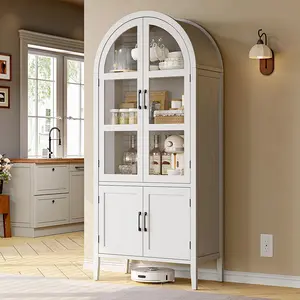 【SPRING GLOW UP】ONBRILL 71''Tall Arched Storage Display Cabinet, 5-Tier Kitchen Pantry With Glass Doors & Shelves