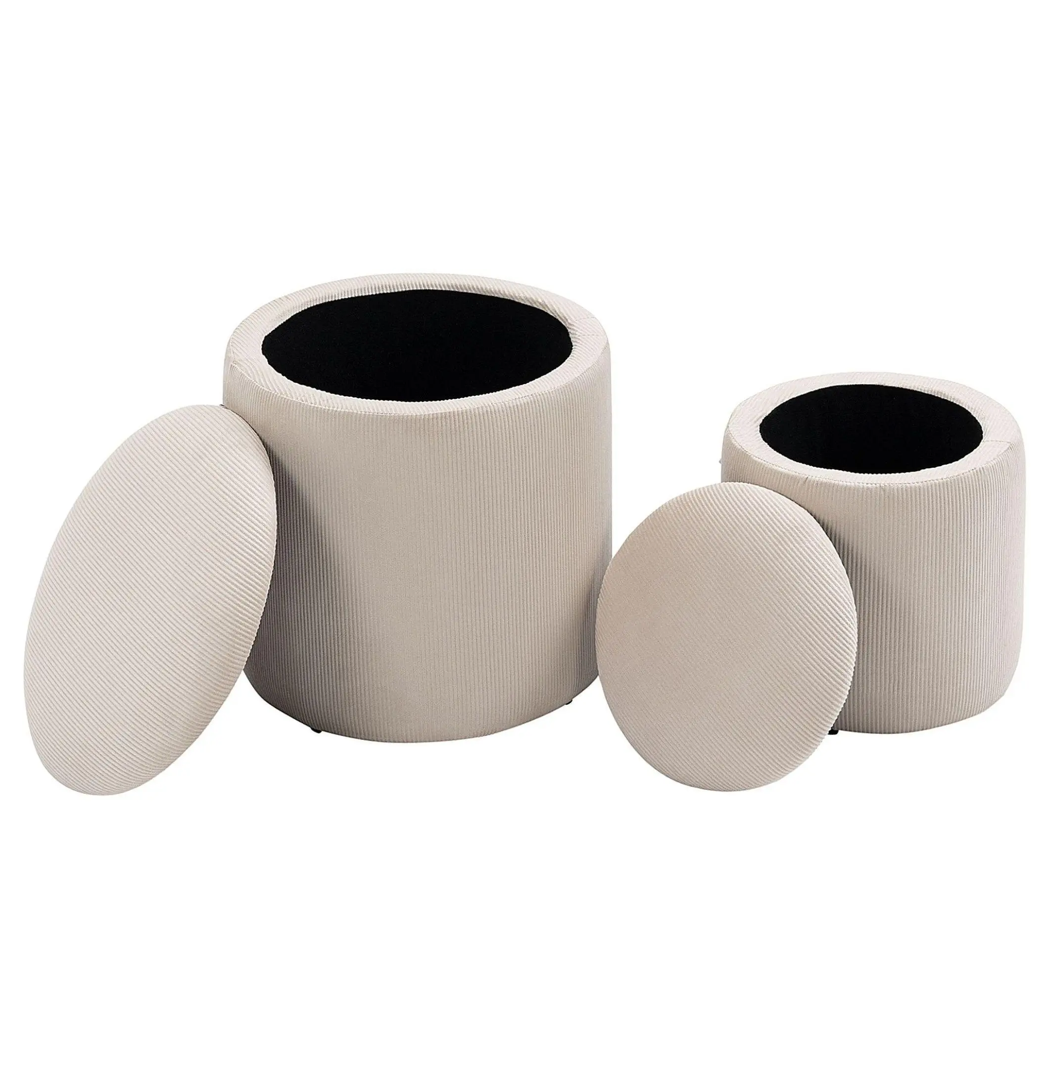 Cream White Corduroy Nesting Storage Ottomans Set of 2 - Indoor Furniture with Removable Lid, Living Room Footrest, Hidden Storage for Blankets & Books