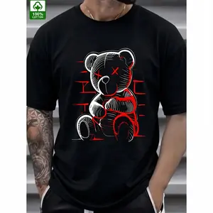 100% Cotton Men's Trendy Summer Cotton T-Shirt with Devil Bear Graphic Print - Casual Crew Neck, Short Sleeve, 100% Cotton, Machine Washable, Casual Attire