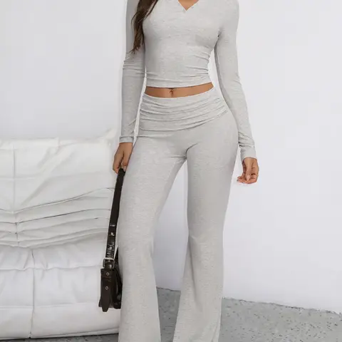 Tournesol Women's Buttery Soft Lounge Set Long Sleeve Henley Top & Foldover Flare Pants 2 Piece Outfit 035