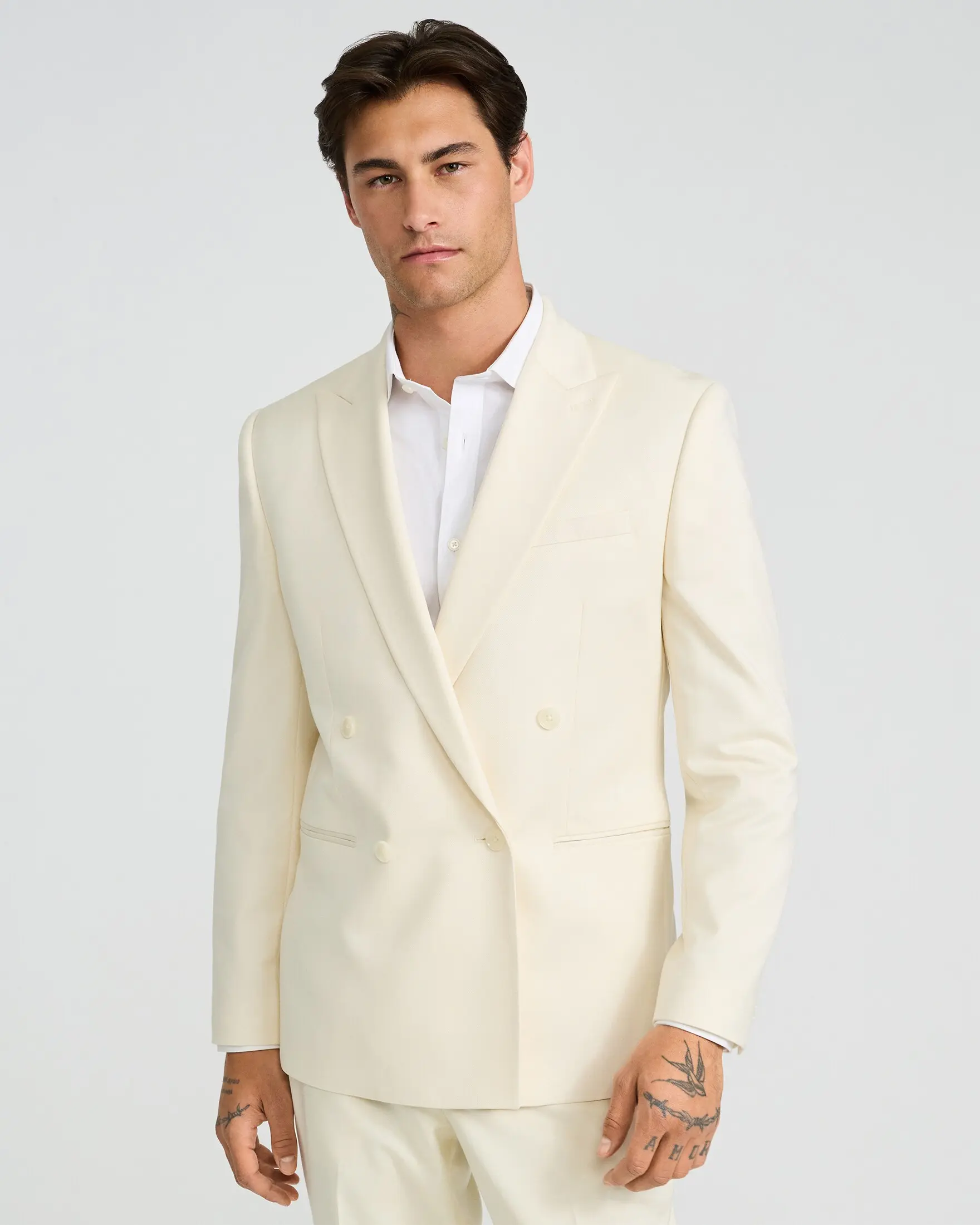 Express Slim Ivory Wool-Blend Double Breasted Suit Jacket, Stretch, Long Sleeve, Menswear, Matching