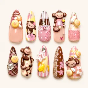 Kawaii Monkey Press On Nails with 3D Banana Charms, Pink Plaid Patterns, Cute Cartoon Nail Art & Sweet Y2K Dessertcore Aesthetic