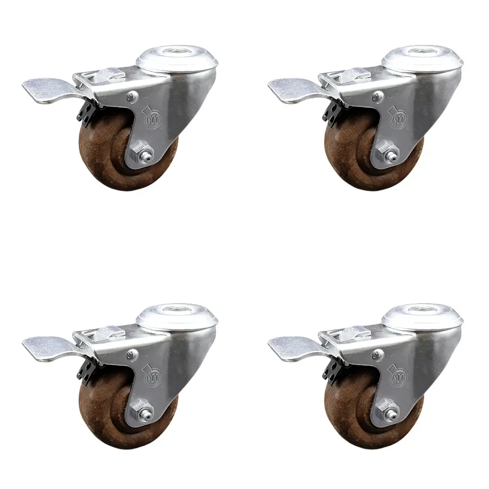 212 MAIN Heavy Duty Industrial Service Caster SCC-BHTTL20S314-GFNSHT-4, High Temperature Glass Filled Nylon Swivel Bolt Hole Caster with 3x1.25 in. Brown Wheels, Lock Brake - Set of 4