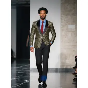 Mens Suit 2 Piece Shawl Collar Floral Jacquard Tuxedo Set 1-Button Jacket Dress Pants for Wedding, Dinner, Party, Prom Fabric Formal suits