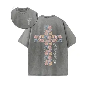 Washed Cotton Christian T-Shirt, Faith, Hope, Love, Cross Pattern, Retro Streetwear for Men and Women