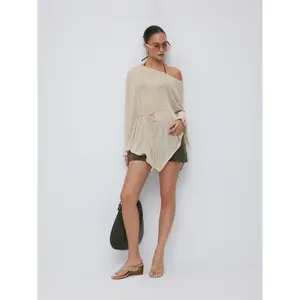 Cider Textured Linen-blend Asymmetrical Neck Cloak Sleeve Top