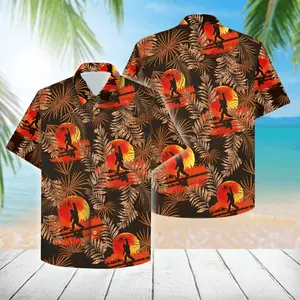 Bigfoot At Sunset Orange Hawaiian Shirt for Men, Button Down Summer Beach Short Sleeve, Tropical Style, Sizes S-5XL